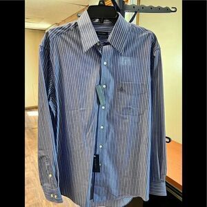 NWT Club Room Iron-free Easy-traveler Long Sleeve Striped Blue & White Shirt #M6